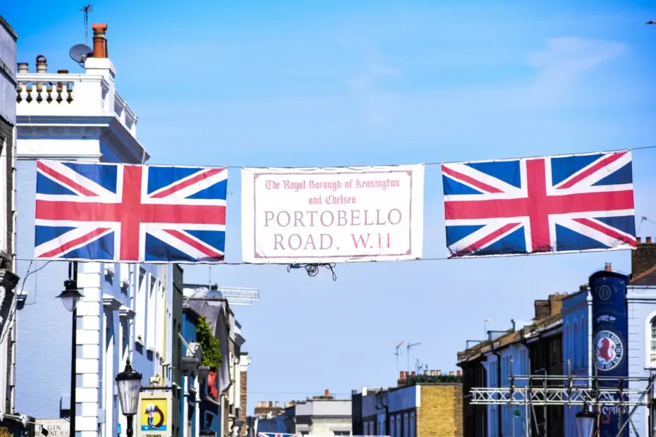 Union Jacks over Portobello Road, London